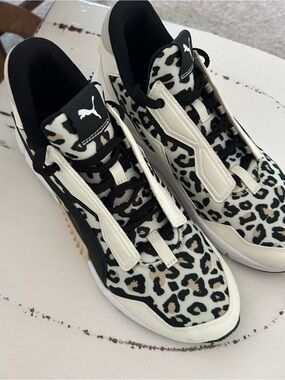 Puma Leopard-Print Low-Top Sneakers in Black & Cream